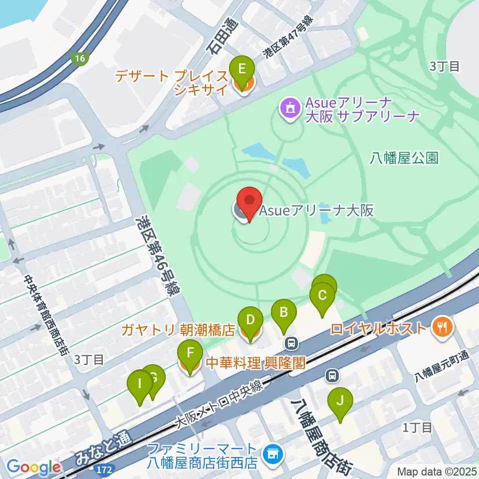 Asueアリーナ大阪周辺のファミレス・ファーストフード一覧地図