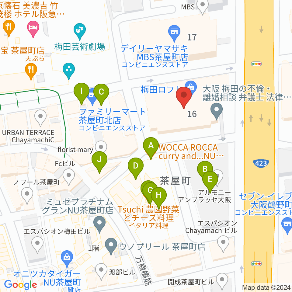 島村楽器 梅田ロフト店周辺のファミレス・ファーストフード一覧地図
