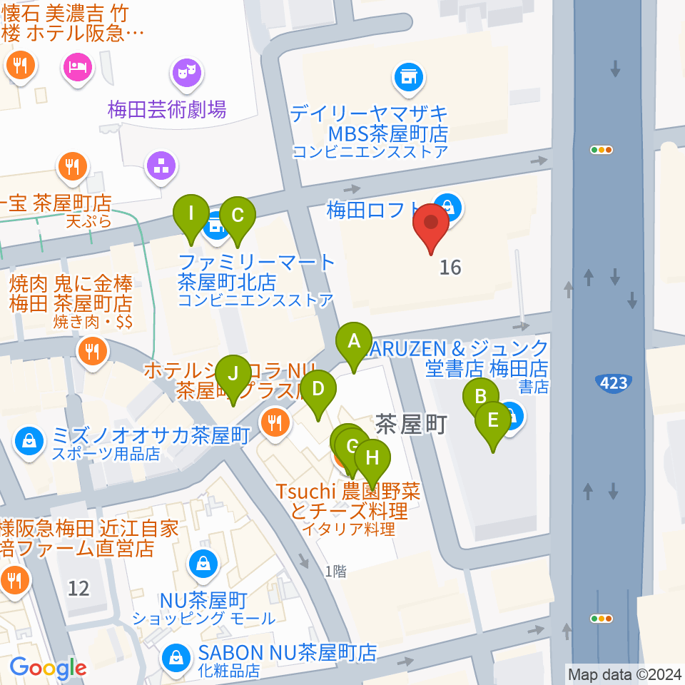 島村楽器 梅田ロフト店周辺のファミレス・ファーストフード一覧地図