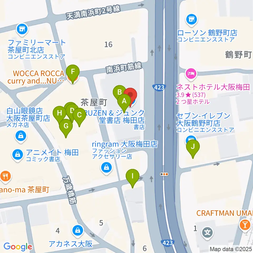 島村楽器 梅田茶屋町店周辺のファミレス・ファーストフード一覧地図
