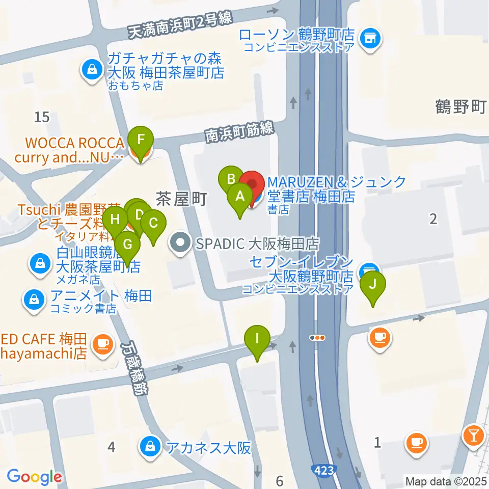 島村楽器 梅田茶屋町店周辺のファミレス・ファーストフード一覧地図