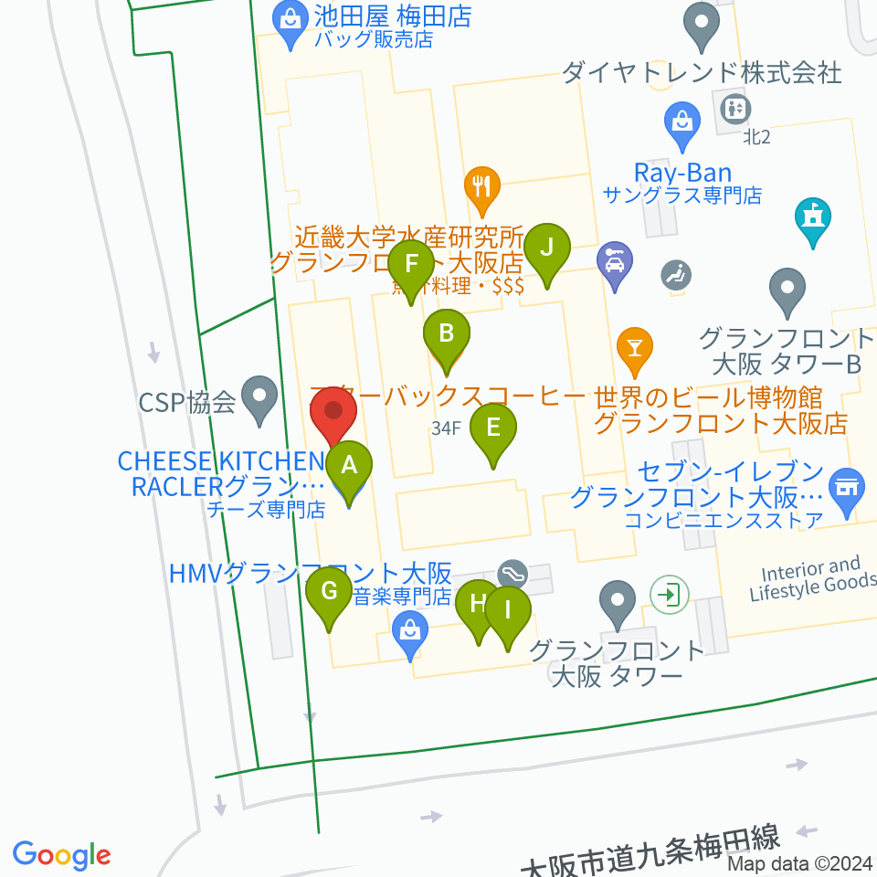 島村楽器 グランフロント大阪周辺のファミレス・ファーストフード一覧地図