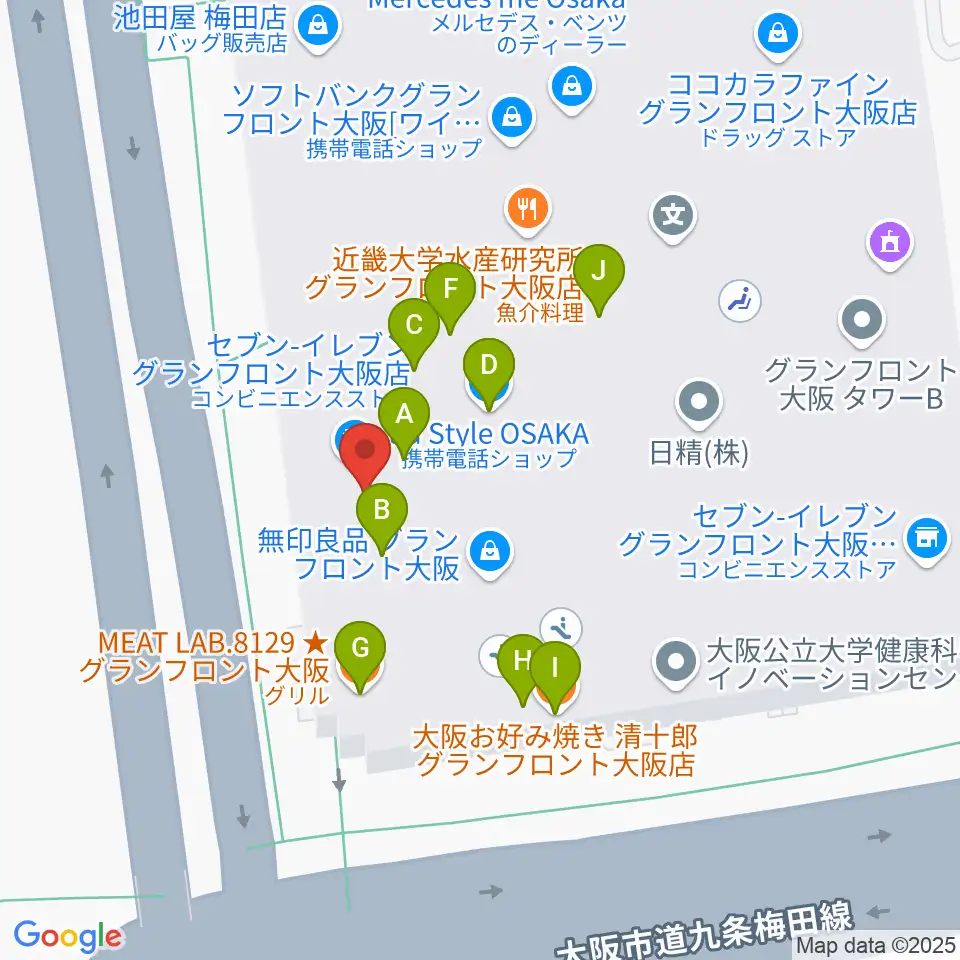 島村楽器 グランフロント大阪周辺のファミレス・ファーストフード一覧地図