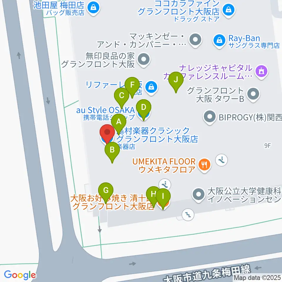 島村楽器 グランフロント大阪周辺のファミレス・ファーストフード一覧地図