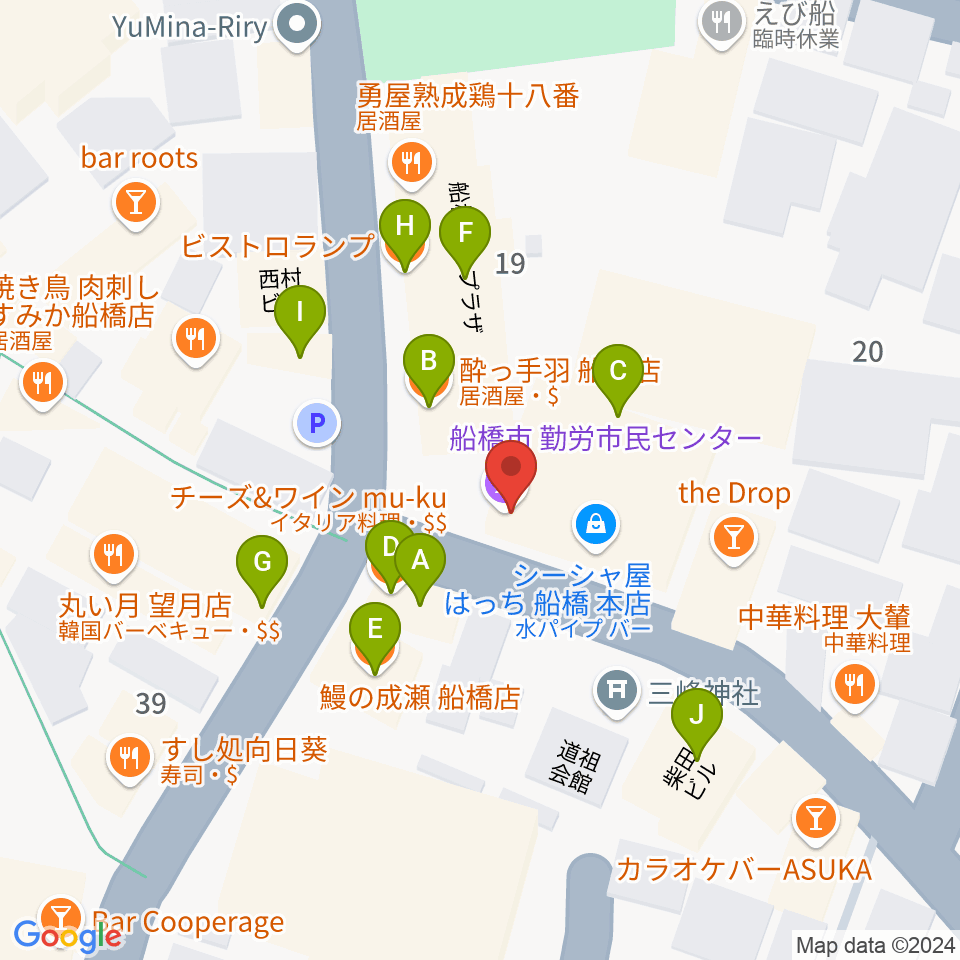 船橋市勤労市民センター周辺のファミレス・ファーストフード一覧地図