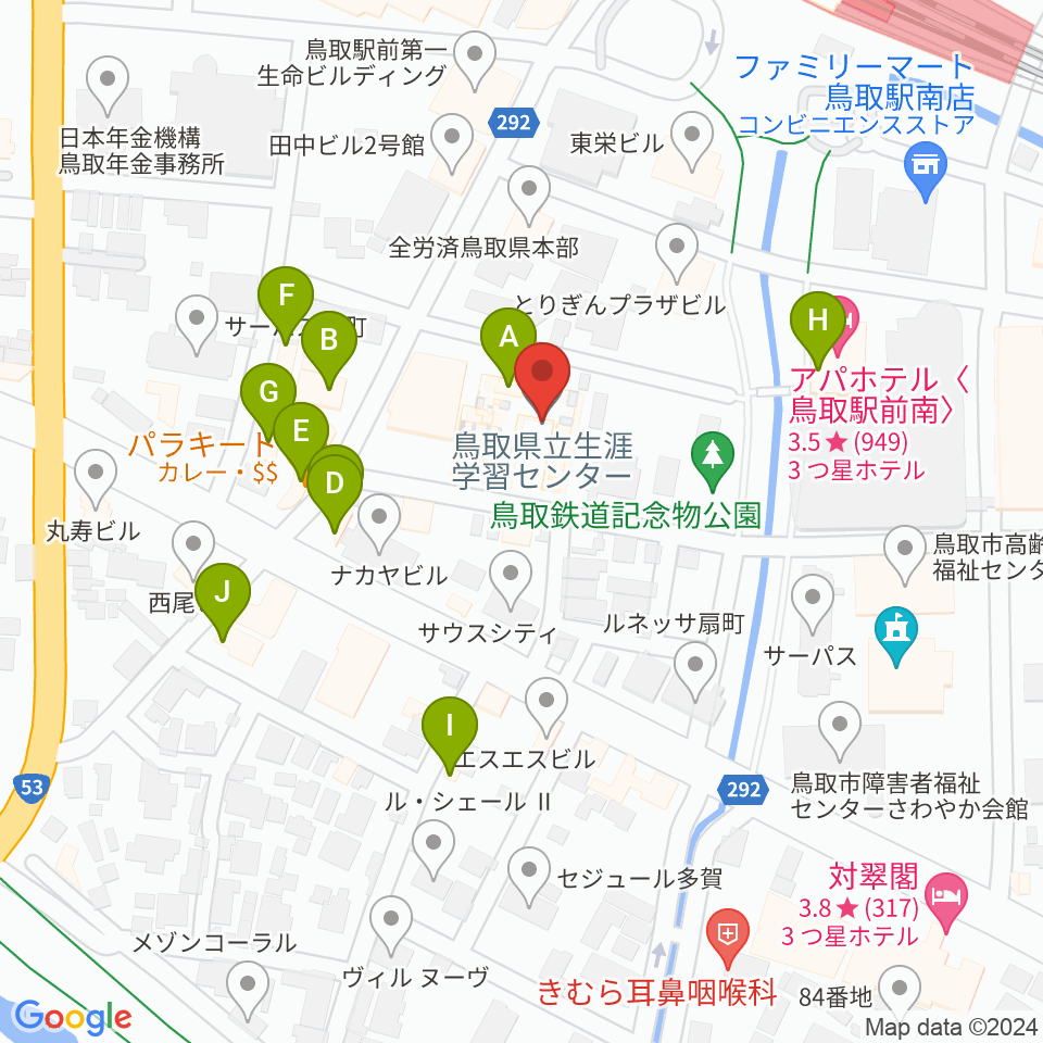 鳥取県立生涯学習センター 県民ふれあい会館周辺のファミレス・ファーストフード一覧地図