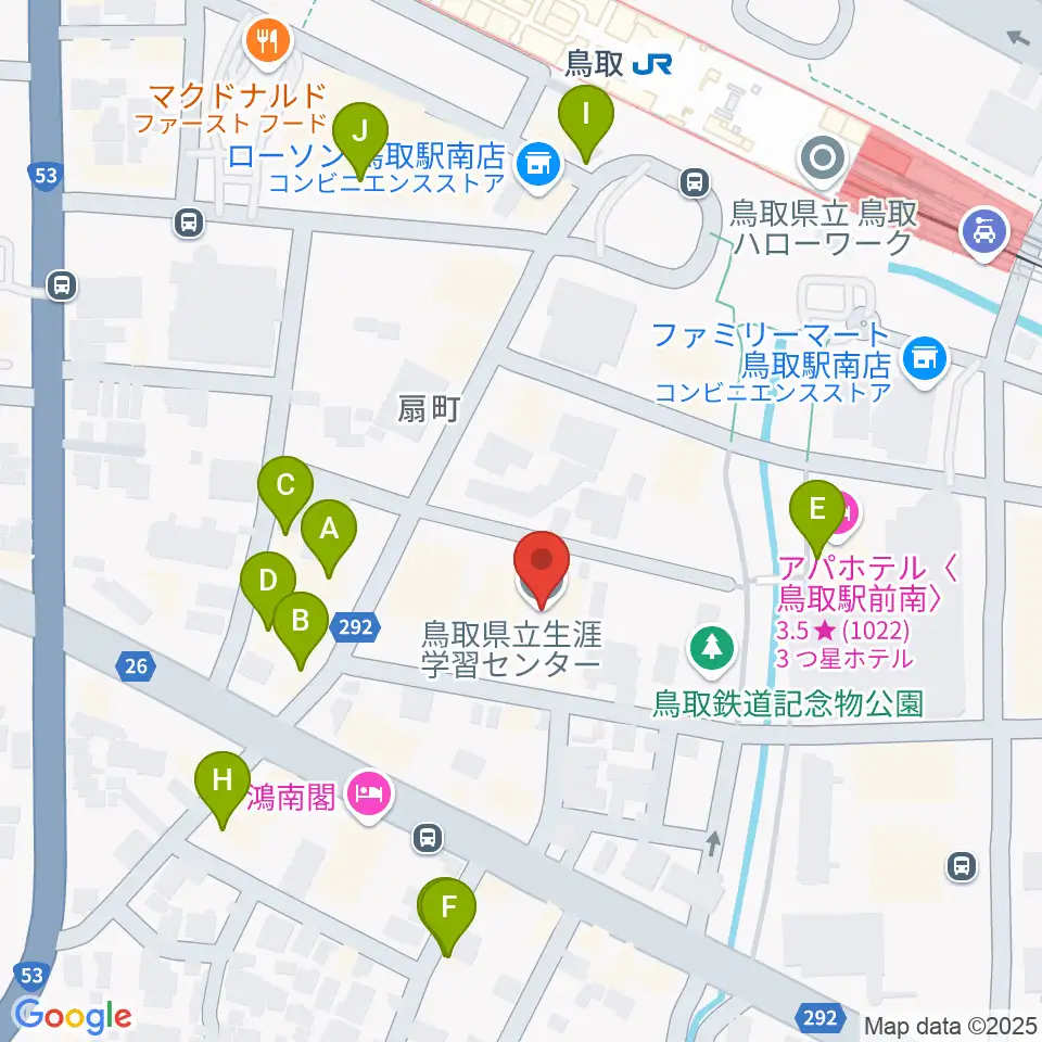 鳥取県立生涯学習センター 県民ふれあい会館周辺のファミレス・ファーストフード一覧地図
