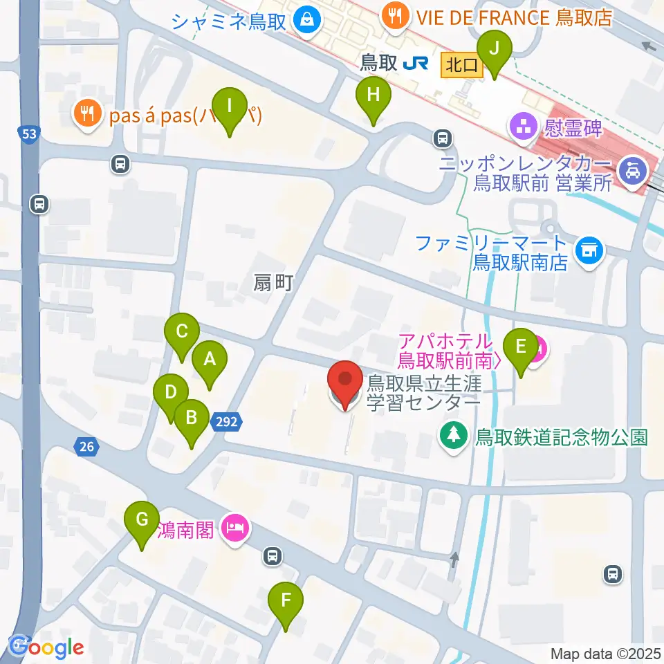 鳥取県立生涯学習センター 県民ふれあい会館周辺のファミレス・ファーストフード一覧地図