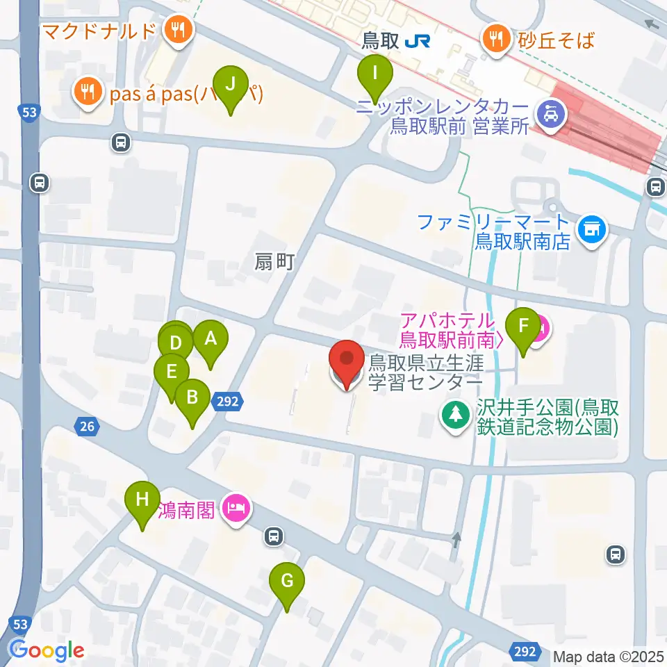 鳥取県立生涯学習センター 県民ふれあい会館周辺のファミレス・ファーストフード一覧地図