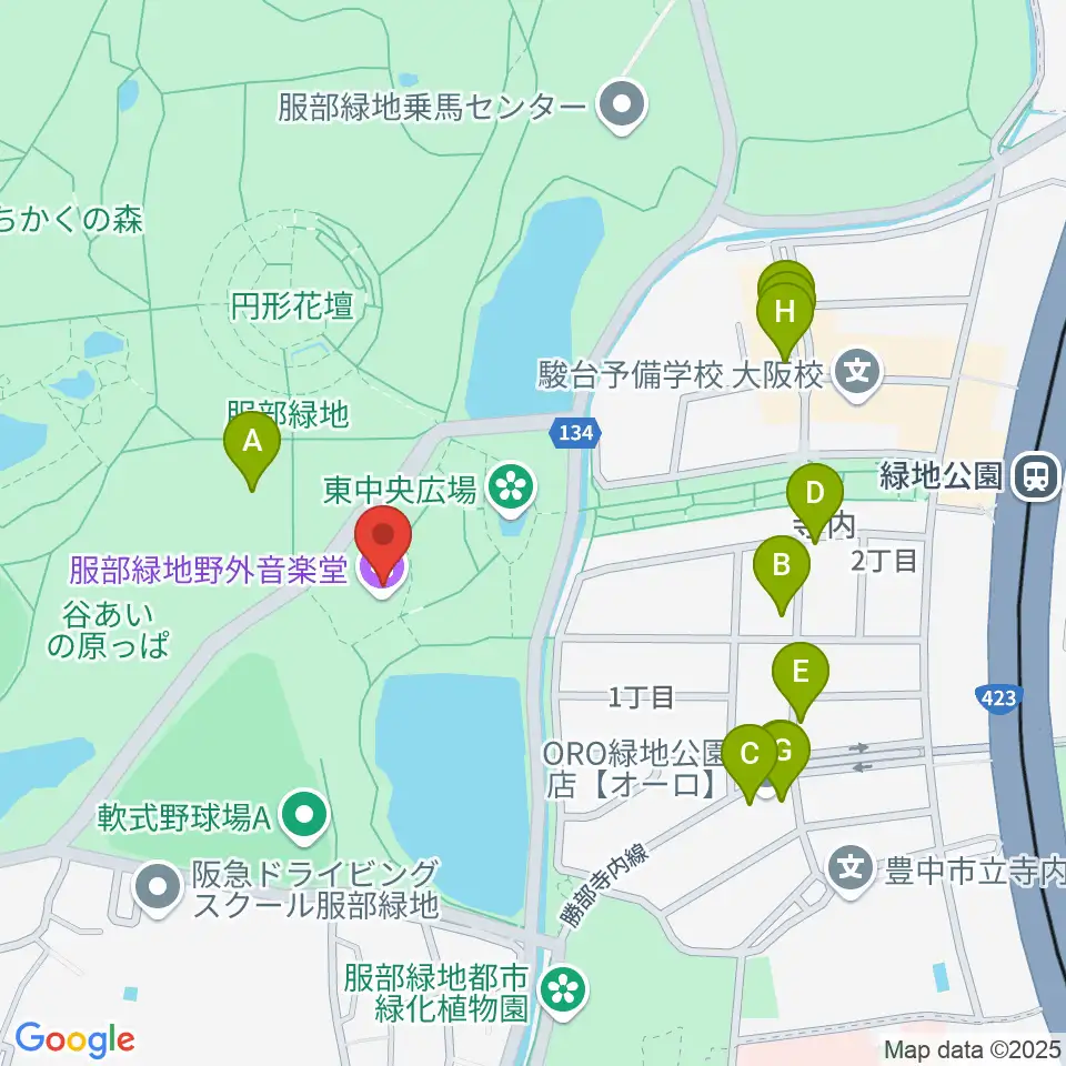 服部緑地野外音楽堂周辺のファミレス・ファーストフード一覧地図