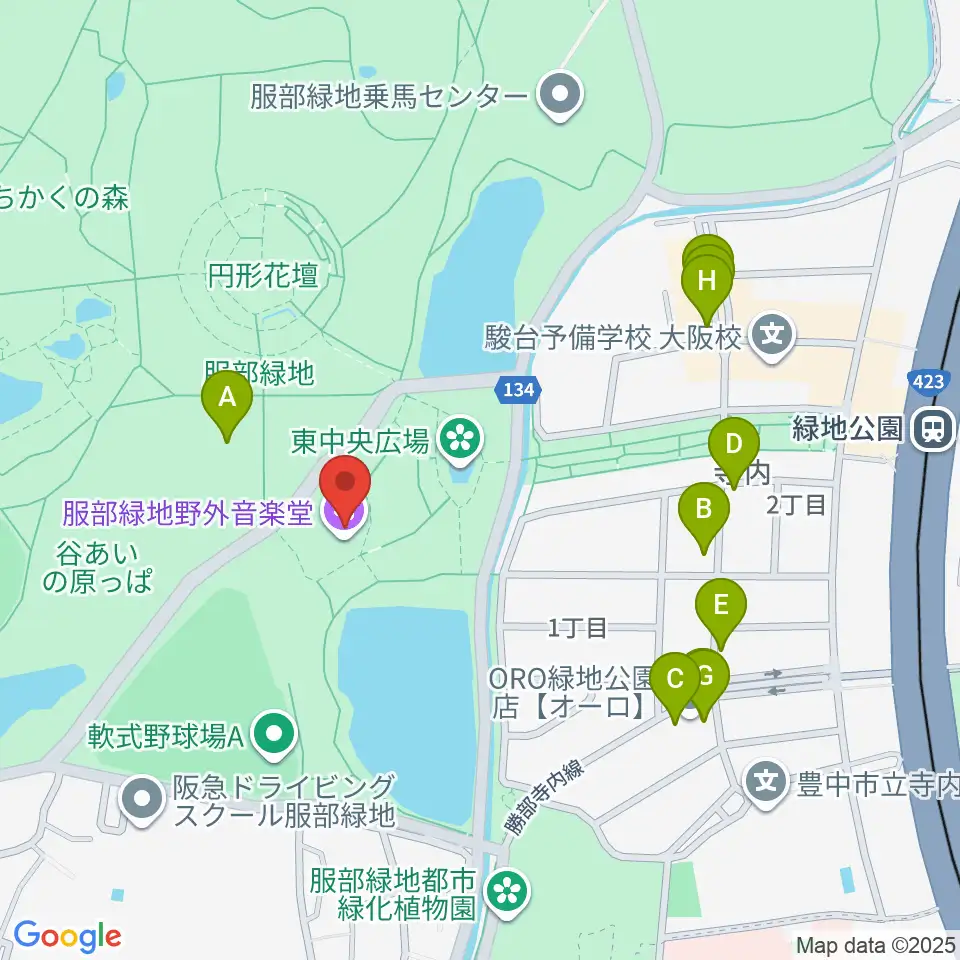 服部緑地野外音楽堂周辺のファミレス・ファーストフード一覧地図