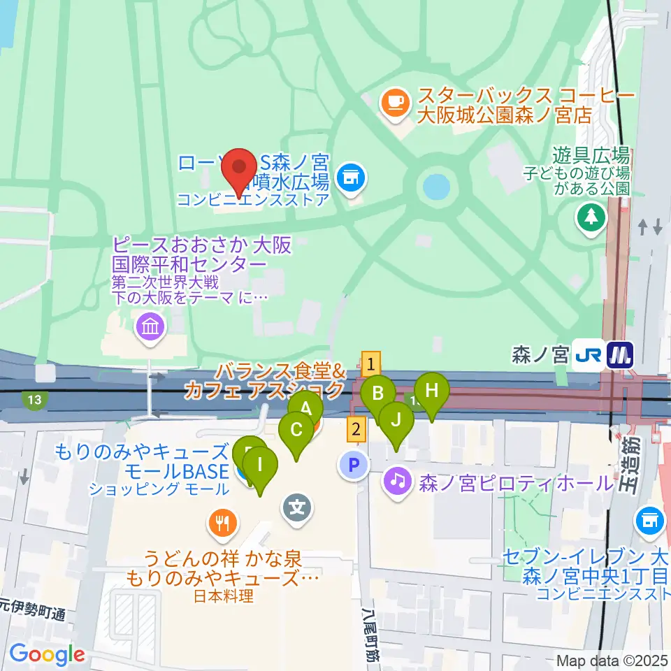 大阪城音楽堂周辺のファミレス・ファーストフード一覧地図