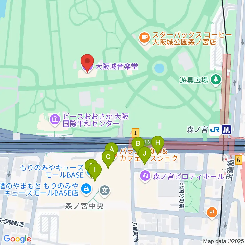 大阪城音楽堂周辺のファミレス・ファーストフード一覧地図