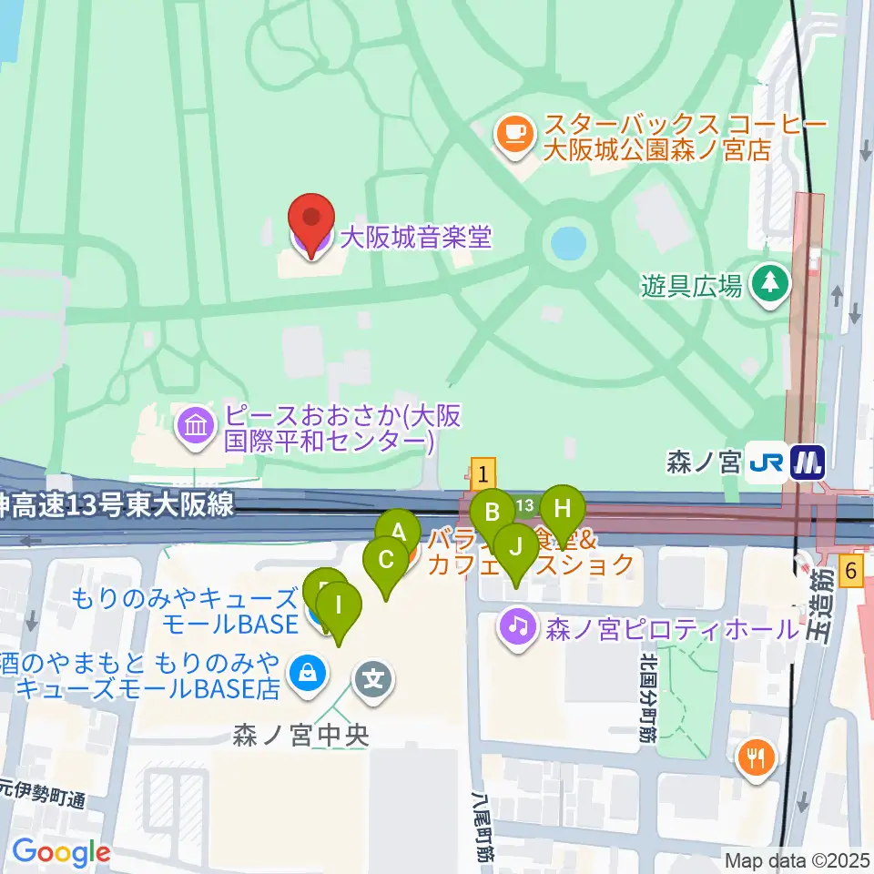 大阪城音楽堂周辺のファミレス・ファーストフード一覧地図