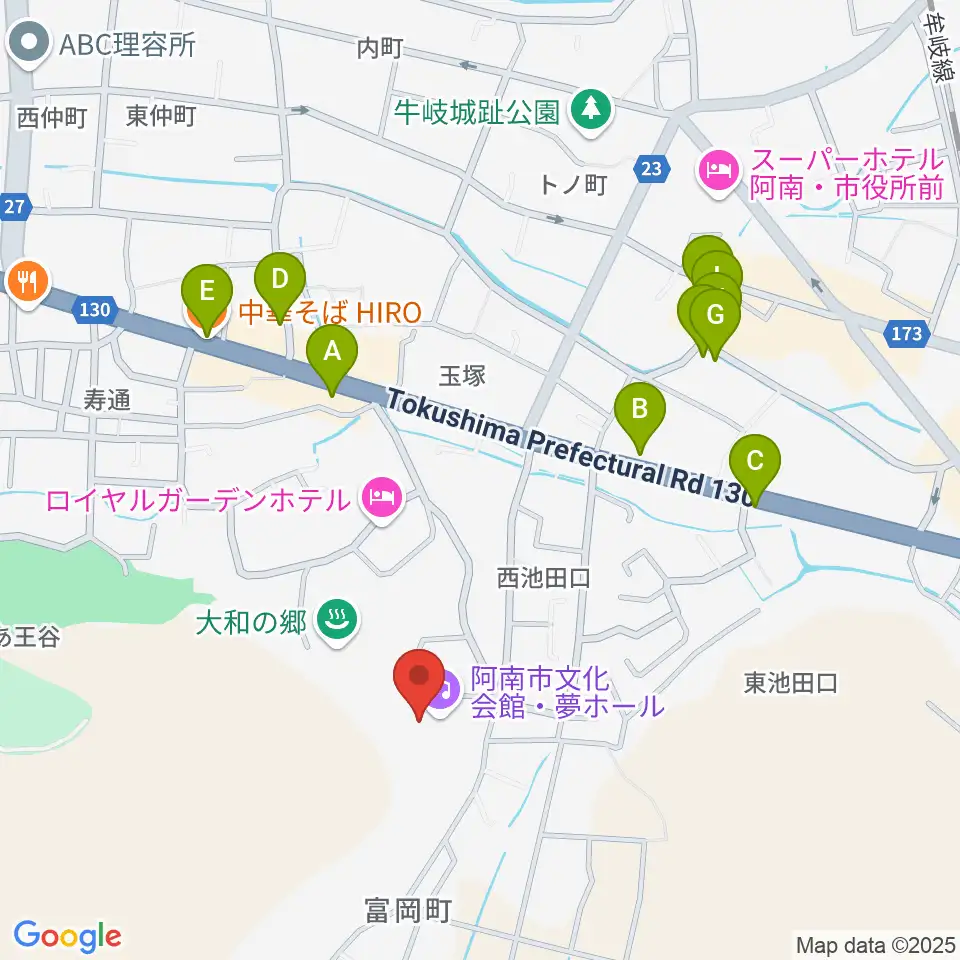 夢ホール（阿南市文化会館）周辺のファミレス・ファーストフード一覧地図