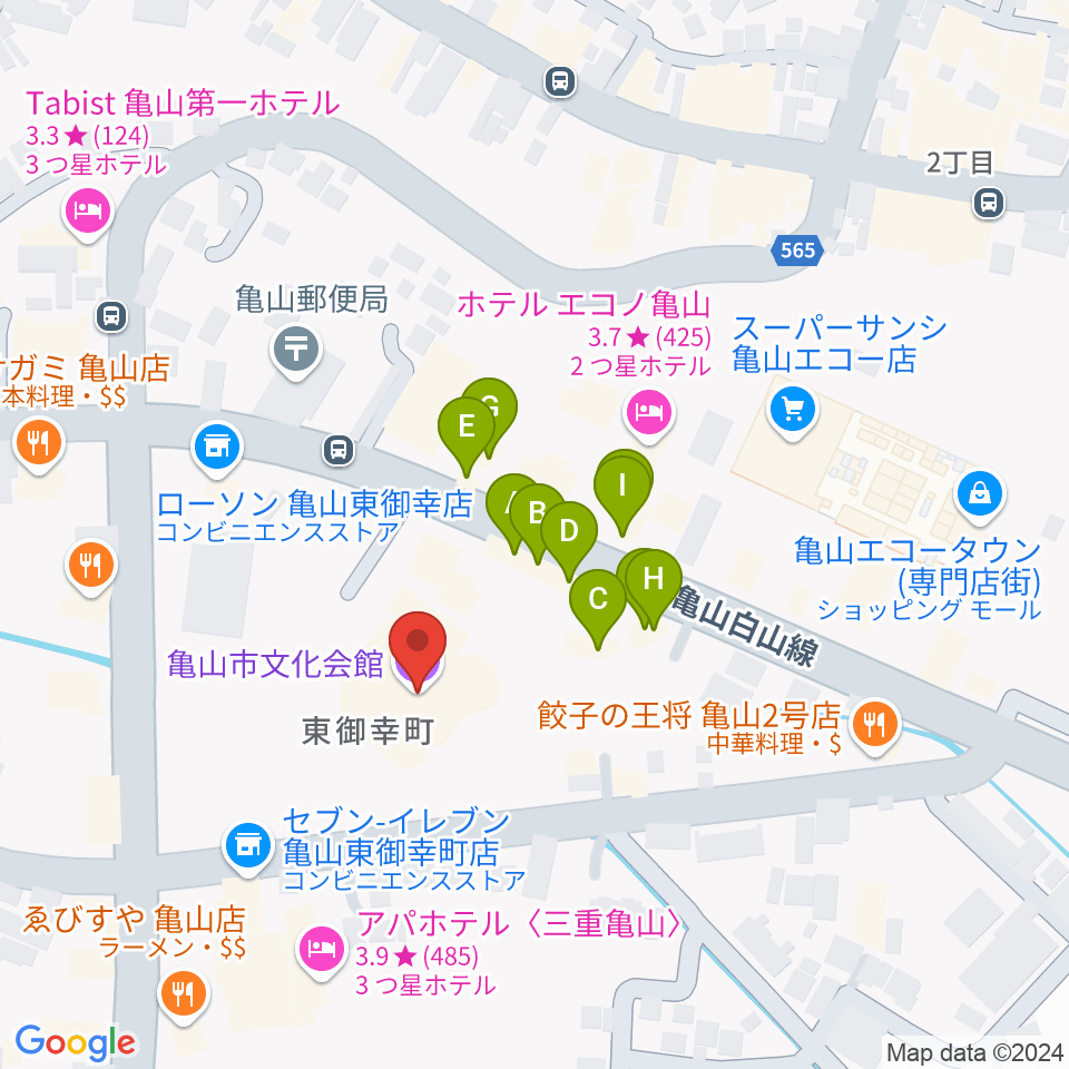 亀山市文化会館周辺のファミレス・ファーストフード一覧地図