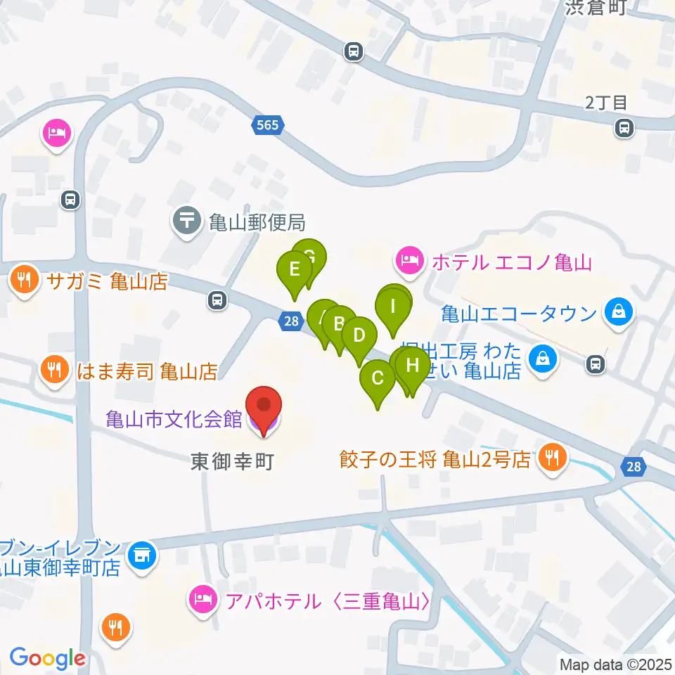 亀山市文化会館周辺のファミレス・ファーストフード一覧地図