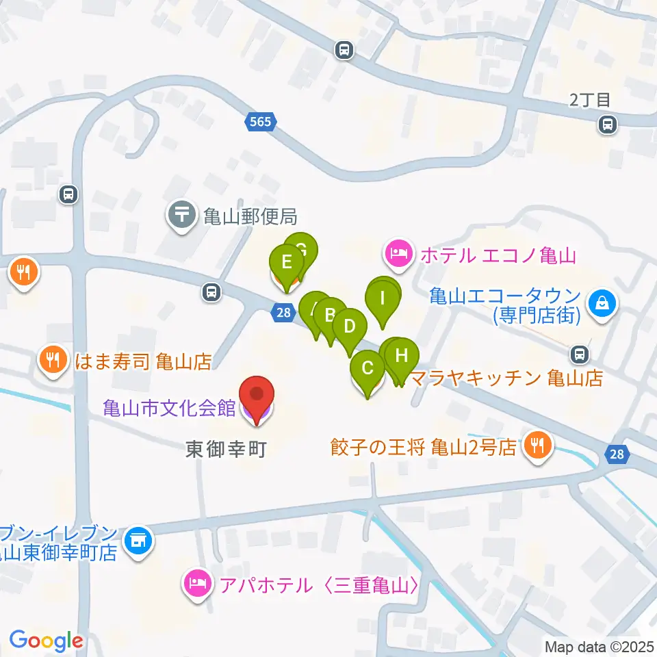 亀山市文化会館周辺のファミレス・ファーストフード一覧地図