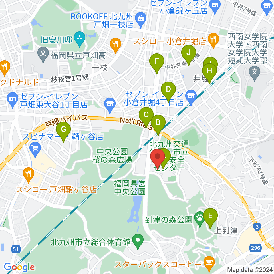 北九州パレス周辺のファミレス・ファーストフード一覧地図