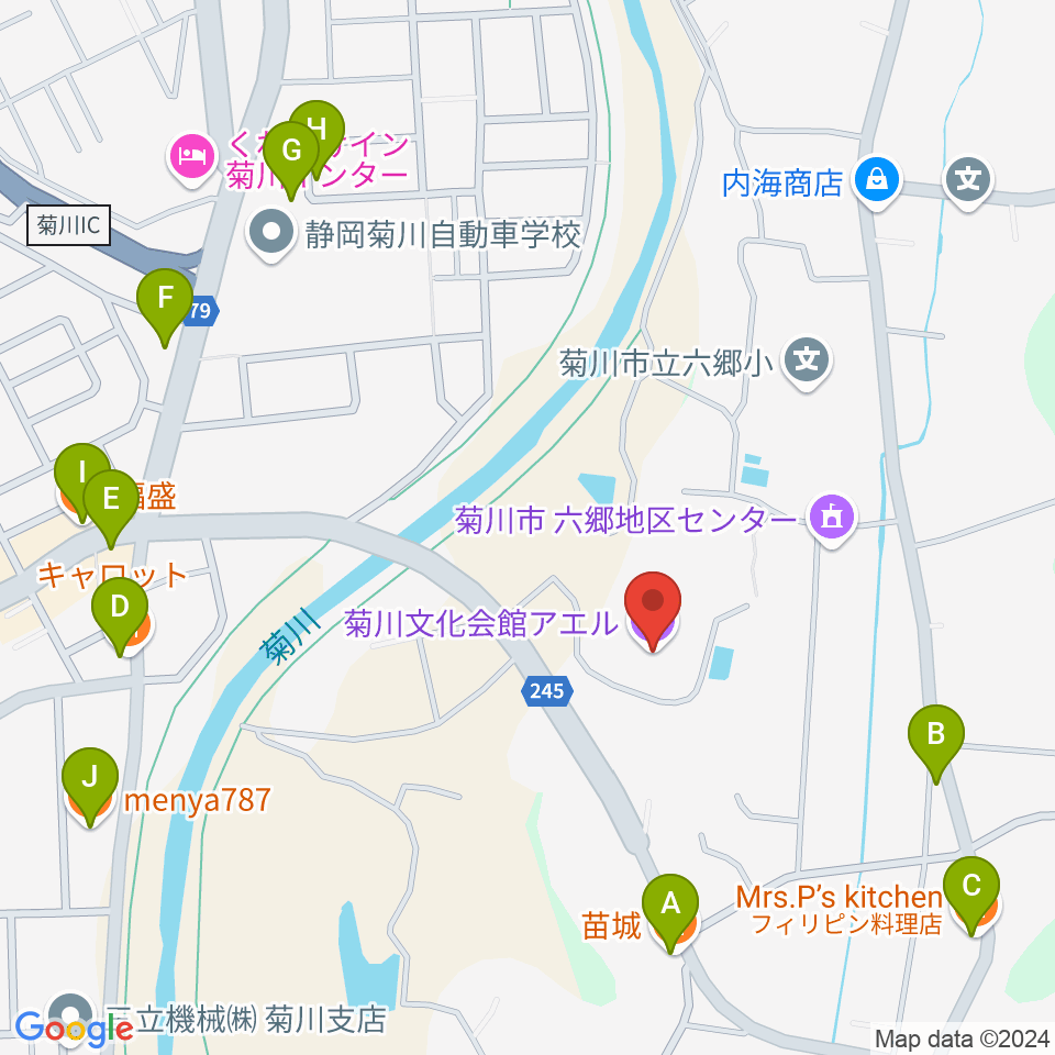 菊川文化会館アエル周辺のファミレス・ファーストフード一覧地図