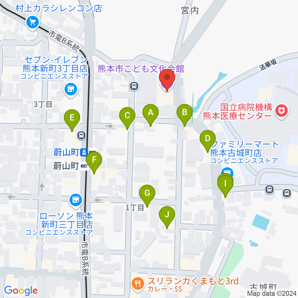 熊本市子ども文化会館周辺のファミレス・ファーストフード一覧地図