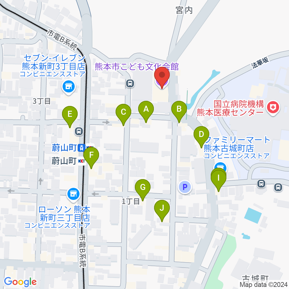 熊本市子ども文化会館周辺のファミレス・ファーストフード一覧地図