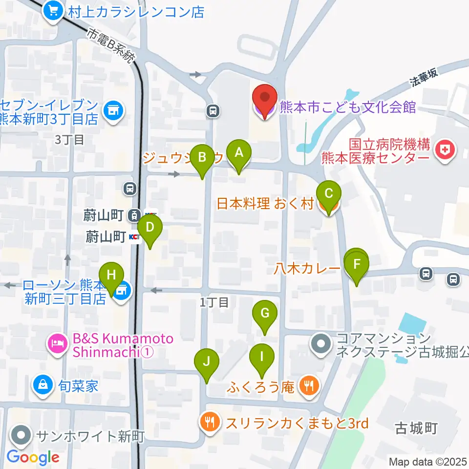 熊本市子ども文化会館周辺のファミレス・ファーストフード一覧地図
