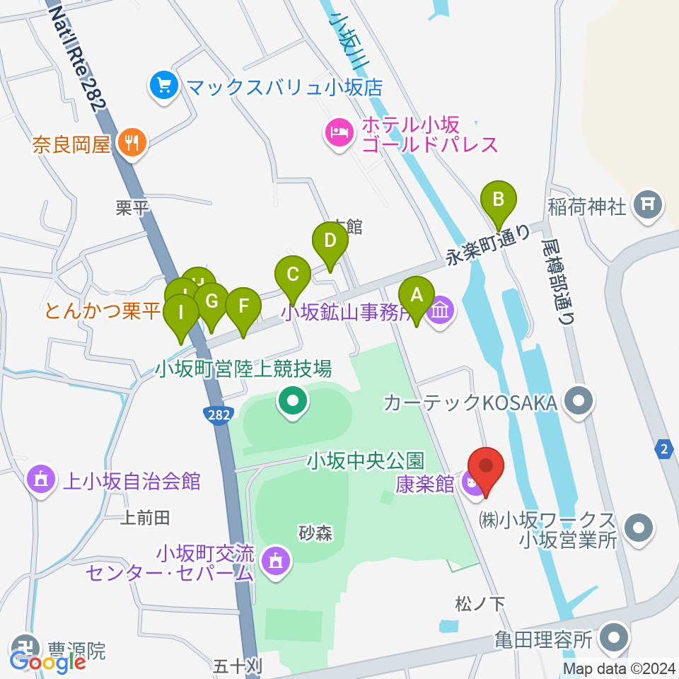 康楽館周辺のファミレス・ファーストフード一覧地図