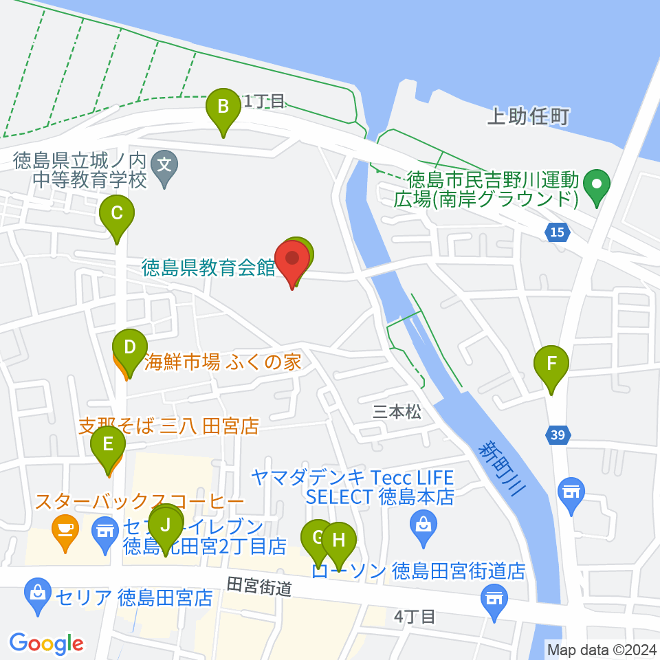 徳島県教育会館周辺のファミレス・ファーストフード一覧地図
