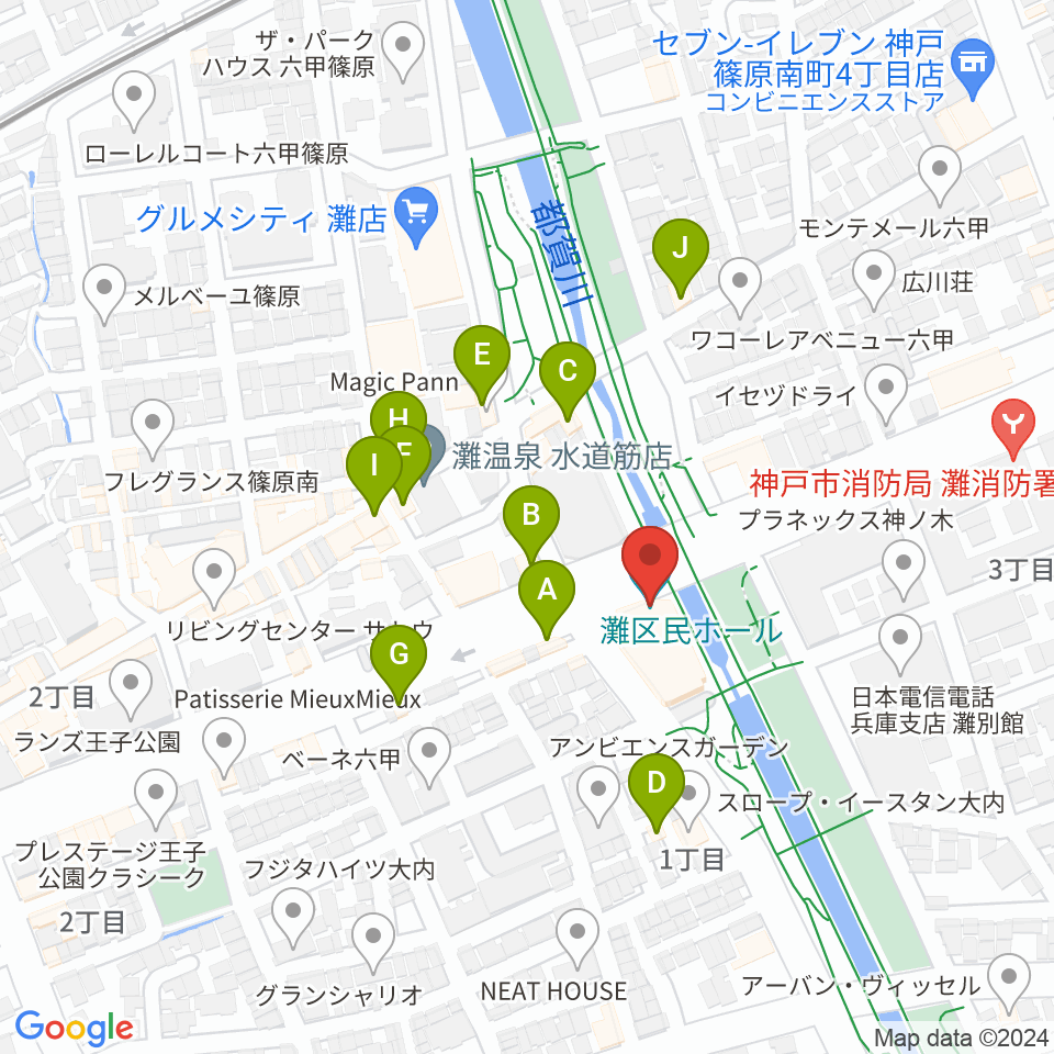 灘区民ホール周辺のファミレス・ファーストフード一覧地図