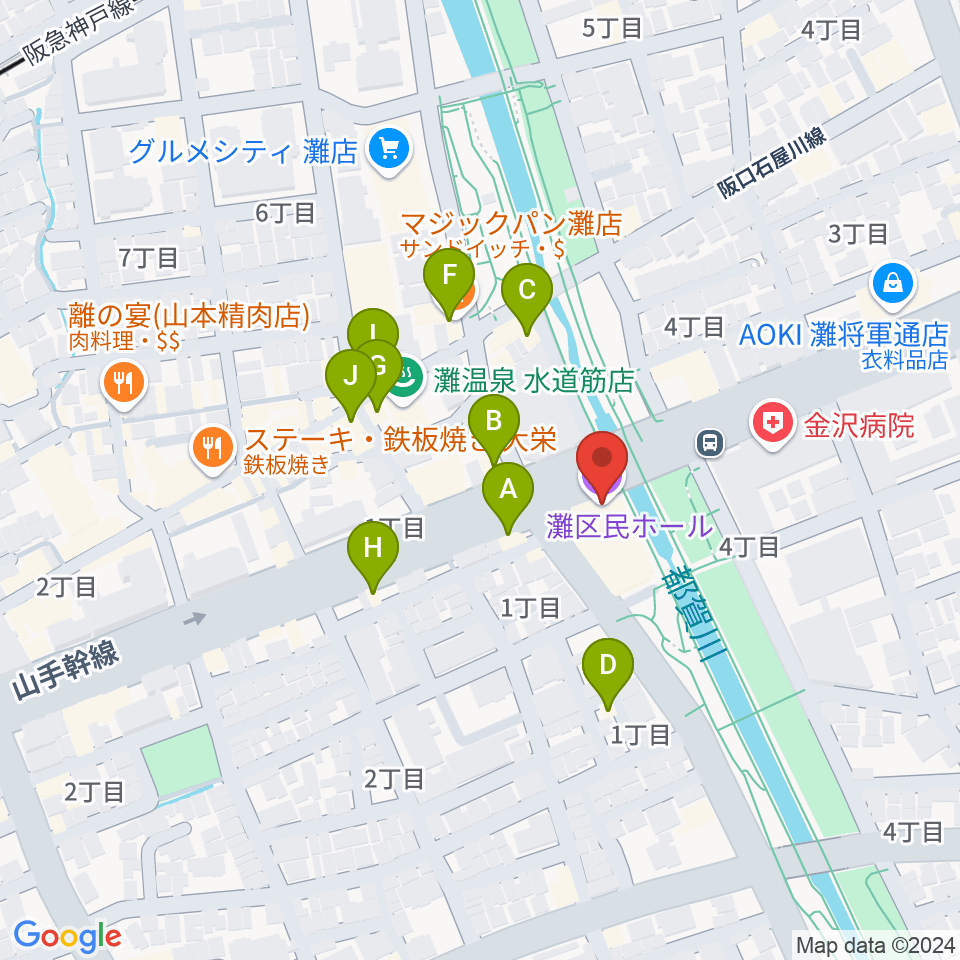 灘区民ホール周辺のファミレス・ファーストフード一覧地図