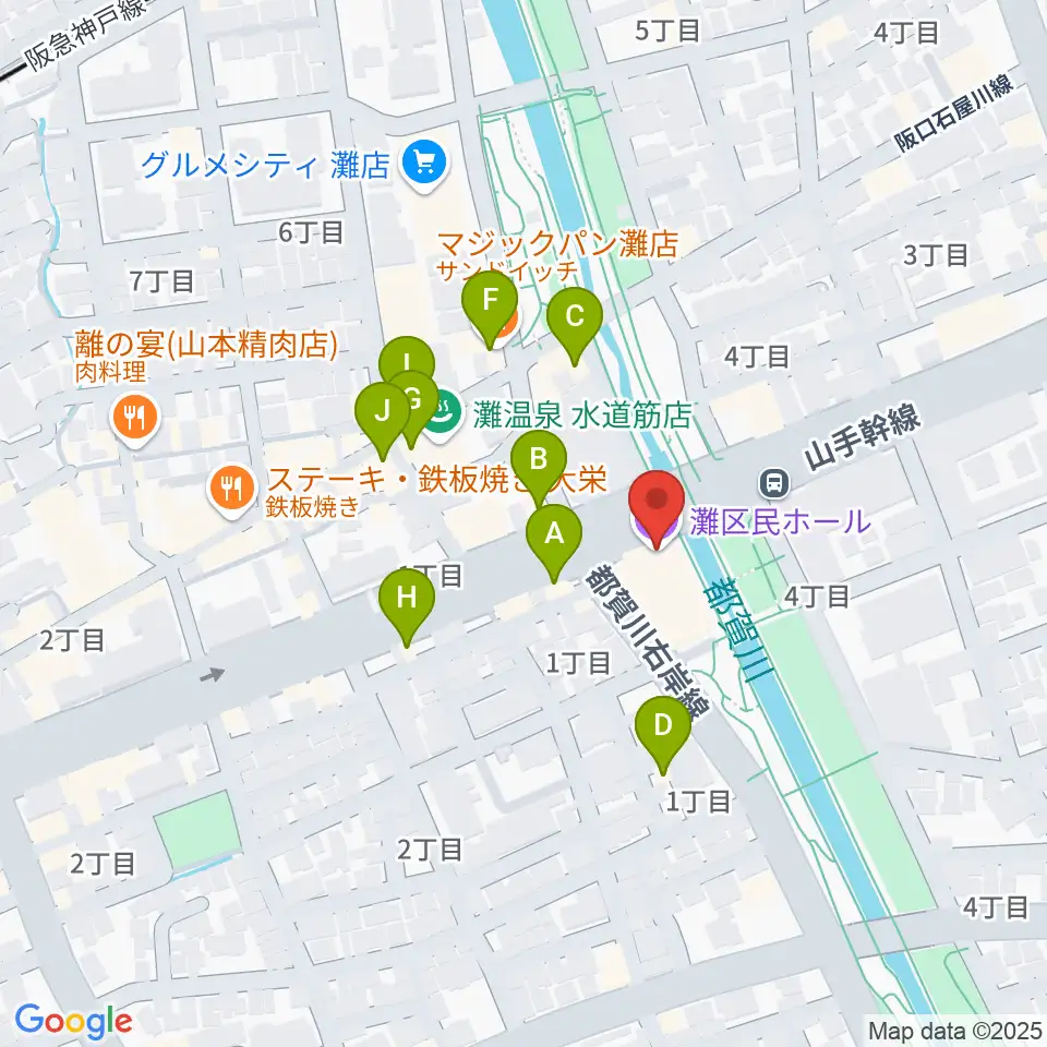 灘区民ホール周辺のファミレス・ファーストフード一覧地図