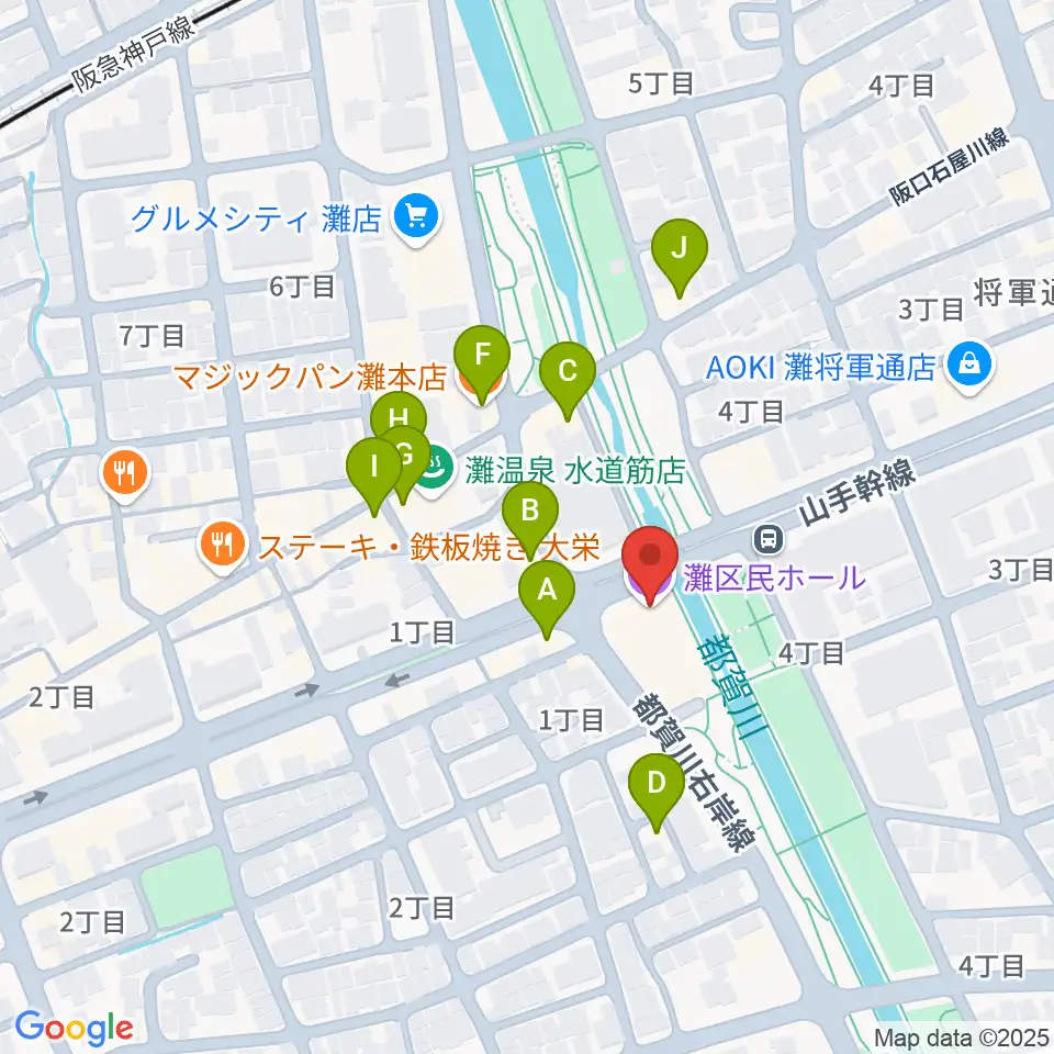 灘区民ホール周辺のファミレス・ファーストフード一覧地図