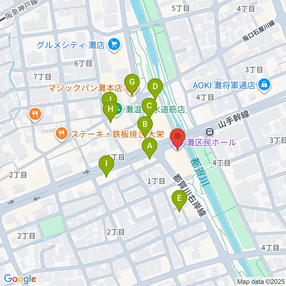 灘区民ホール周辺のファミレス・ファーストフード一覧地図