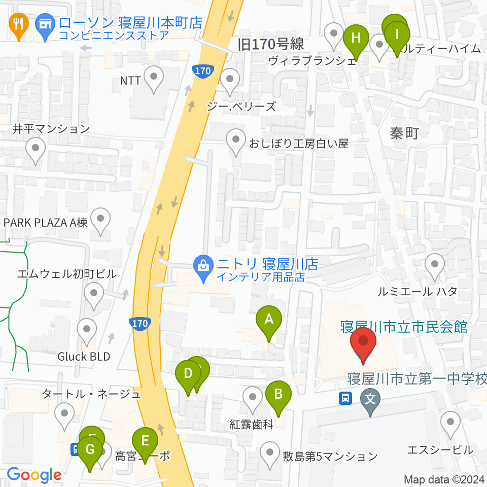 寝屋川市立市民会館周辺のファミレス・ファーストフード一覧地図