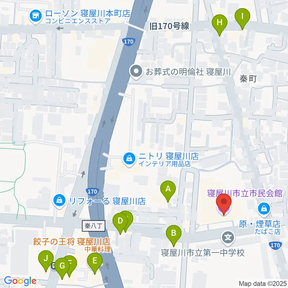 寝屋川市立市民会館周辺のファミレス・ファーストフード一覧地図
