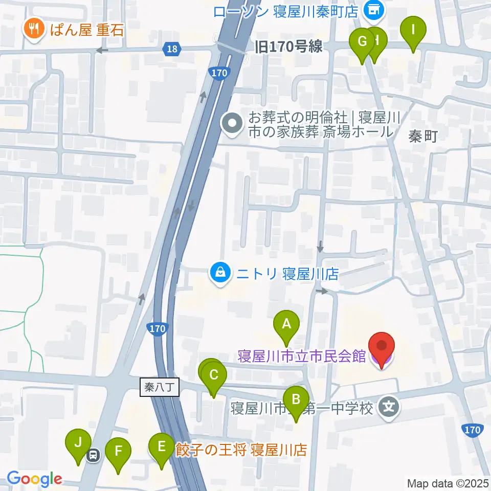 寝屋川市立市民会館周辺のファミレス・ファーストフード一覧地図