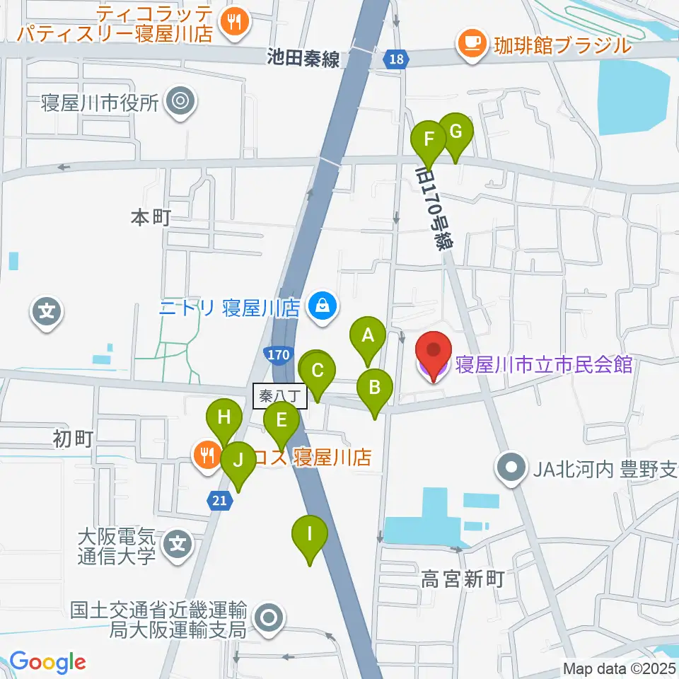 寝屋川市立市民会館周辺のファミレス・ファーストフード一覧地図