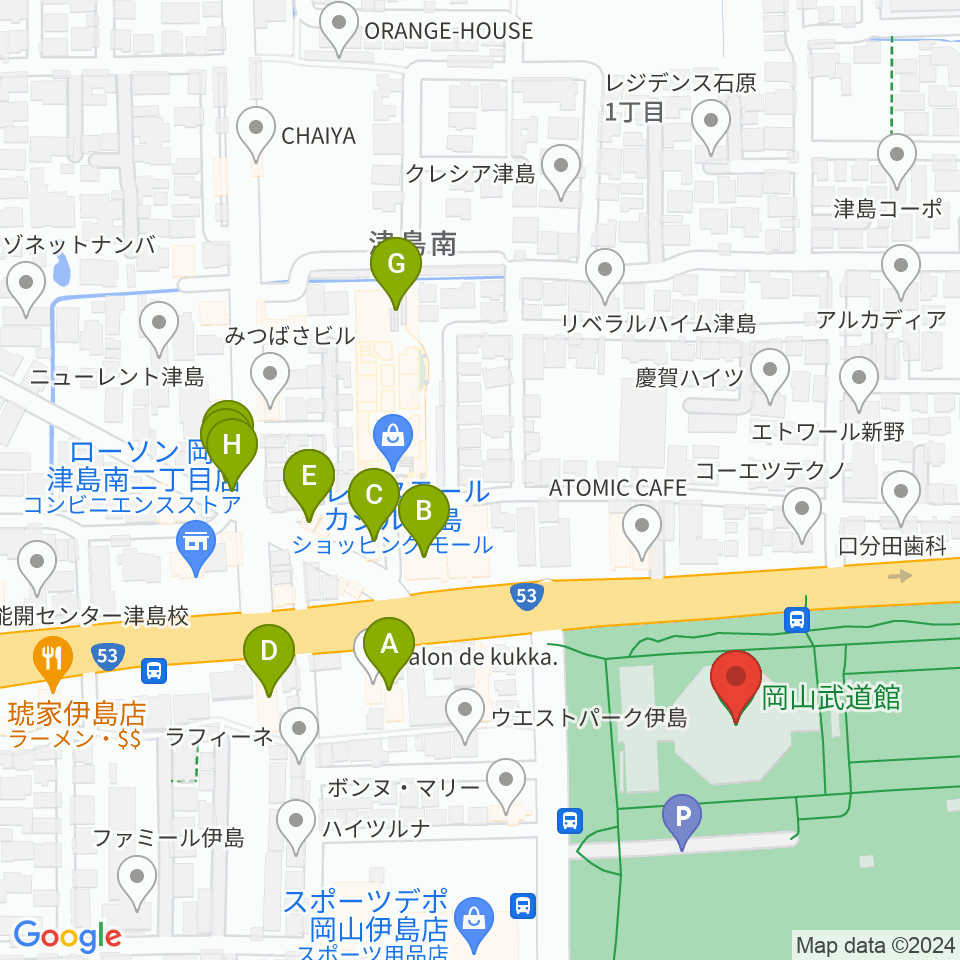岡山武道館周辺のファミレス・ファーストフード一覧地図