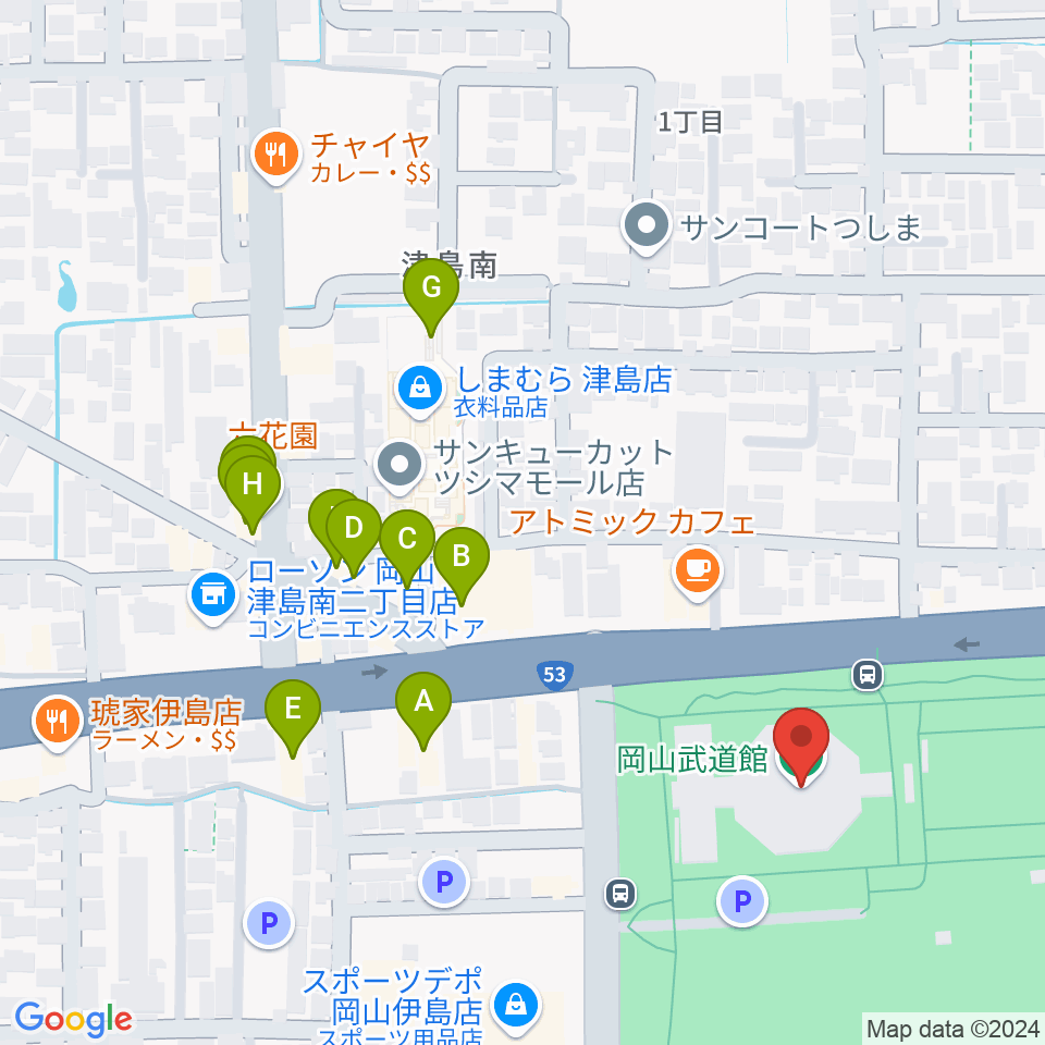 岡山武道館周辺のファミレス・ファーストフード一覧地図