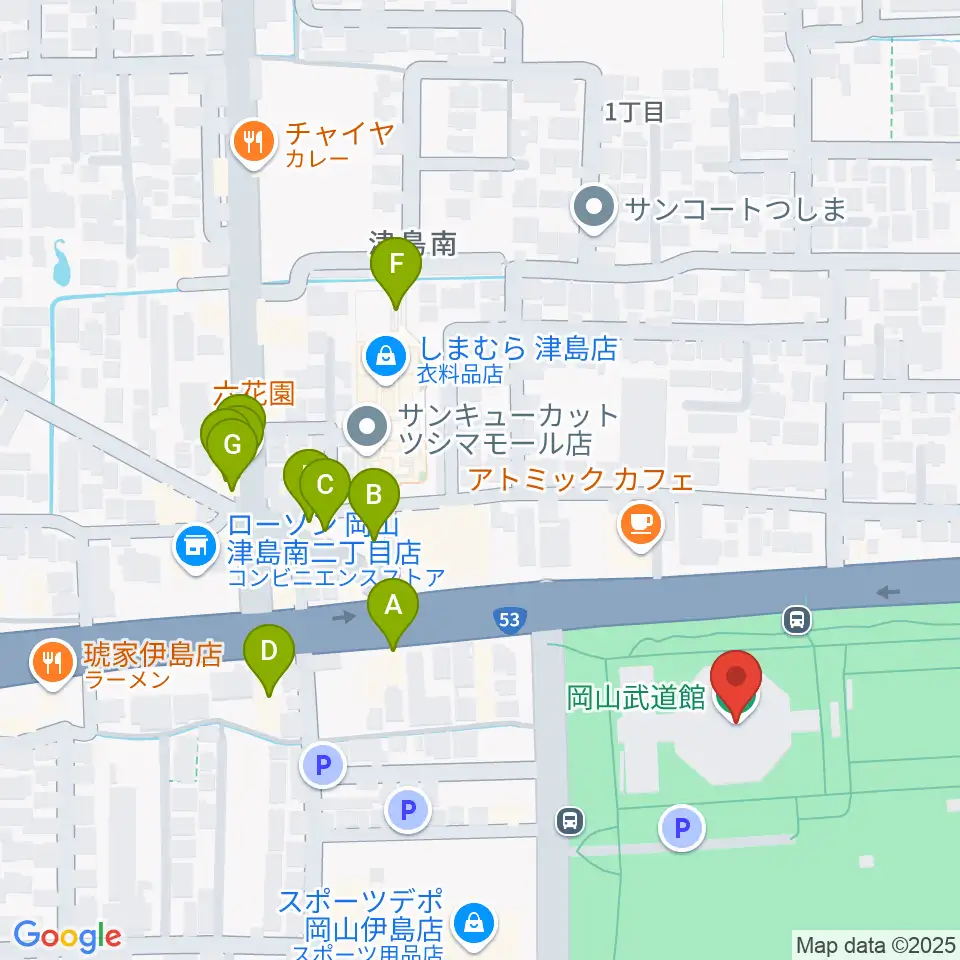 岡山武道館周辺のファミレス・ファーストフード一覧地図