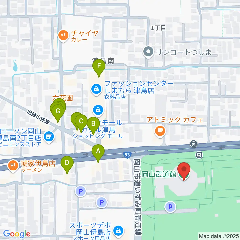岡山武道館周辺のファミレス・ファーストフード一覧地図