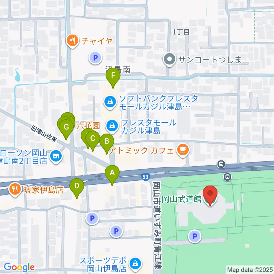 岡山武道館周辺のファミレス・ファーストフード一覧地図