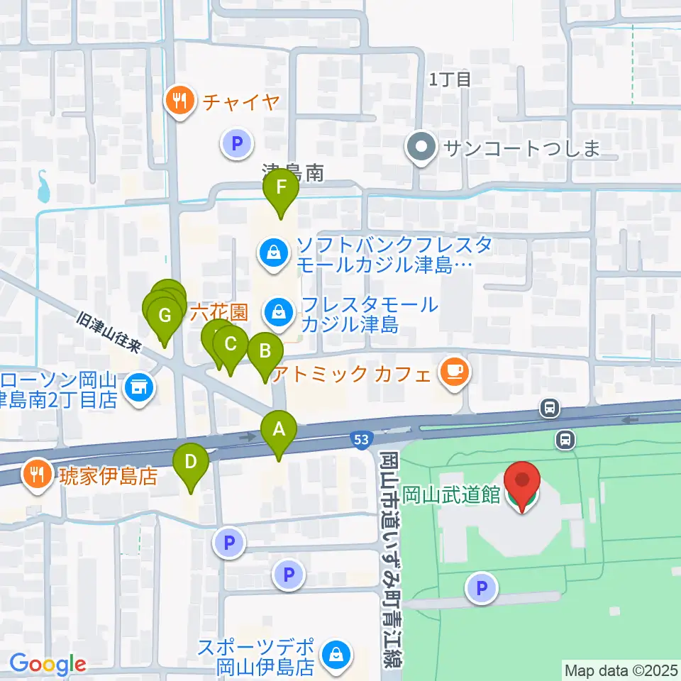 岡山武道館周辺のファミレス・ファーストフード一覧地図