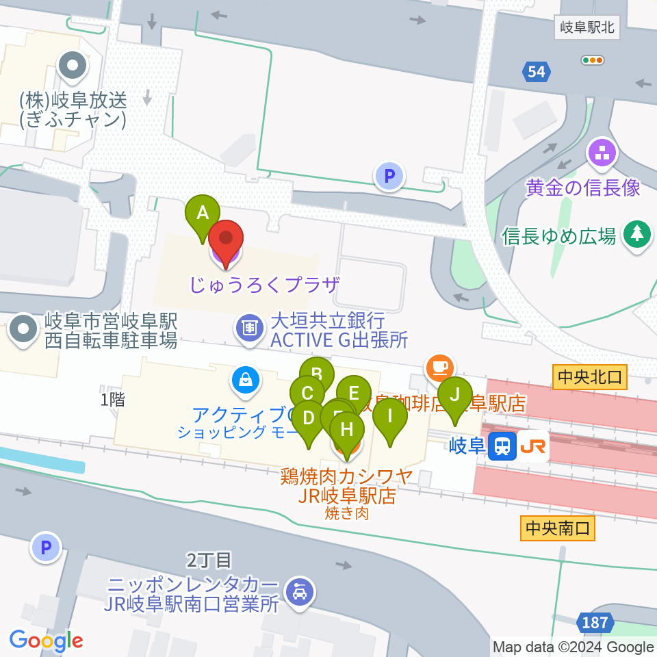 じゅうろくプラザ周辺のファミレス・ファーストフード一覧地図