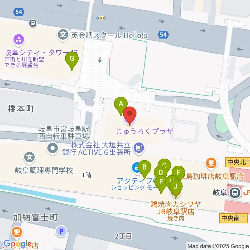 じゅうろくプラザ周辺のファミレス・ファーストフード一覧地図