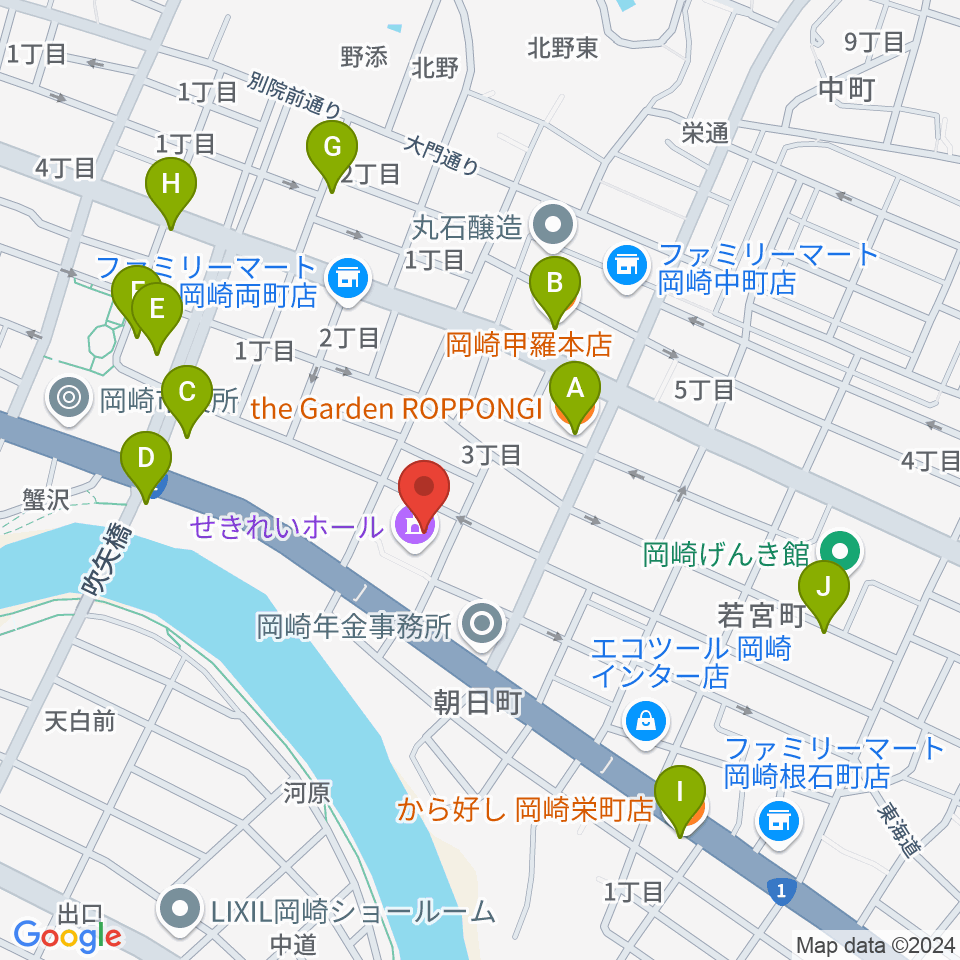 岡崎市せきれいホール周辺のファミレス・ファーストフード一覧地図