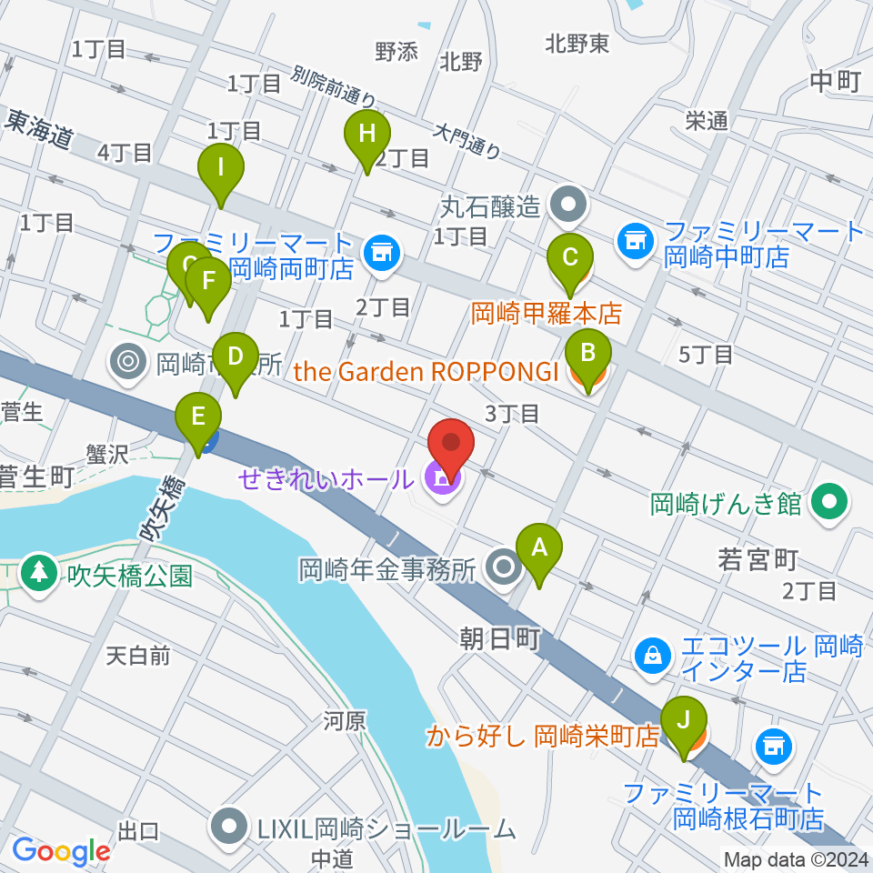 岡崎市せきれいホール周辺のファミレス・ファーストフード一覧地図