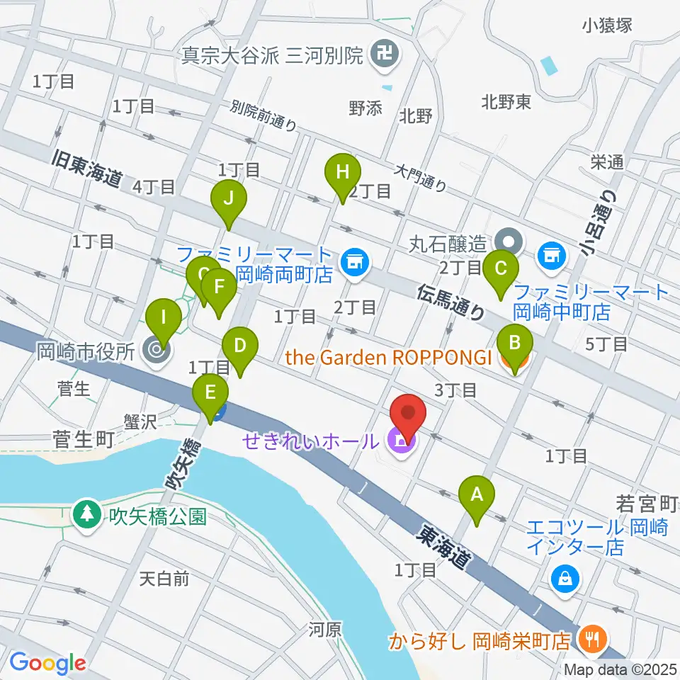 岡崎市せきれいホール周辺のファミレス・ファーストフード一覧地図