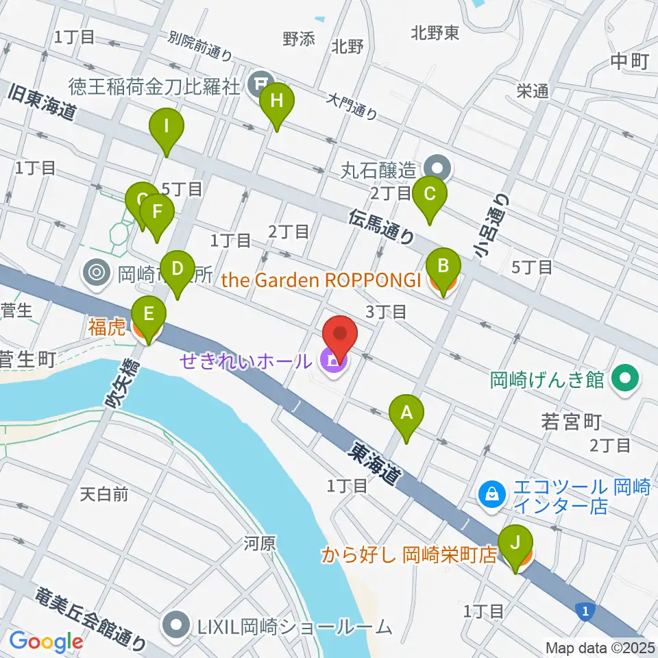 岡崎市せきれいホール周辺のファミレス・ファーストフード一覧地図